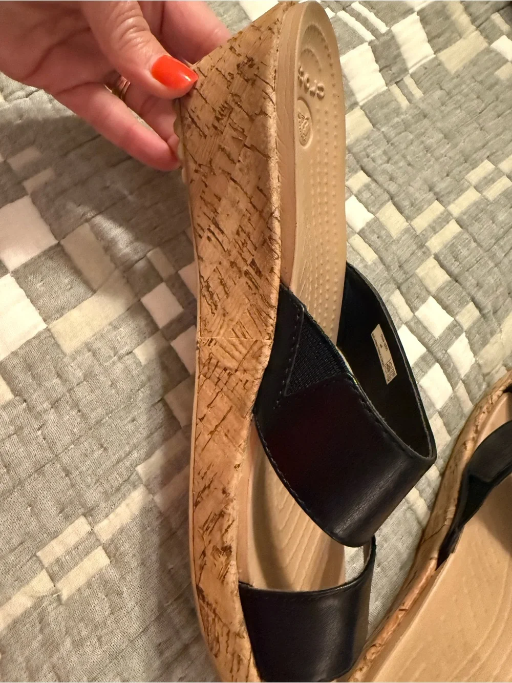 CROCS Black Leather-Look Cork Wedge Sandals